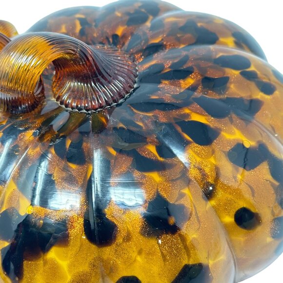 Art Glass Pumpkin Amber Orange Leopard Spot Ribbon Stem Shimmer 7 Inch - Picture 6 of 9